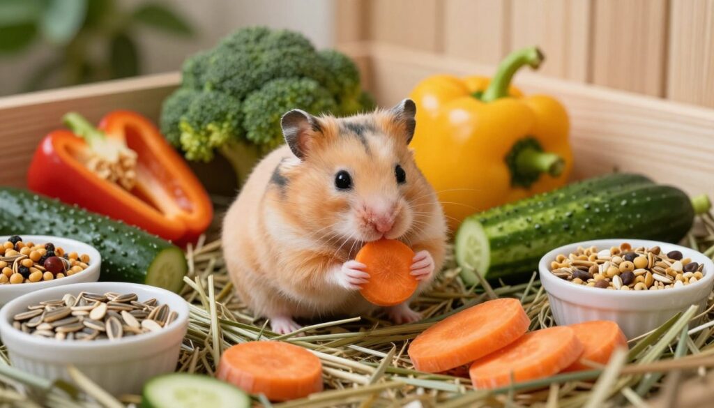 A cute, fluffy hamster seated on a bed of fresh hay, surrounded by an array of colorful, safe foods suitable for hamsters. In the foreground, the hamster munches on a slice of carrot, its tiny paws gripping the vibrant orange piece. The middle ground showcases various fresh vegetables like broccoli, cucumber, and bell pepper, alongside small bowls filled with seeds and pellets, all arranged neatly. In the background, a cozy habitat setting enhances the scene, featuring a soft wooden cage and a hint of green foliage. The lighting is warm and inviting, creating a cheerful atmosphere. The image should be captured from a slightly elevated angle to highlight the hamster and its food, emphasizing a playful yet informative tone.