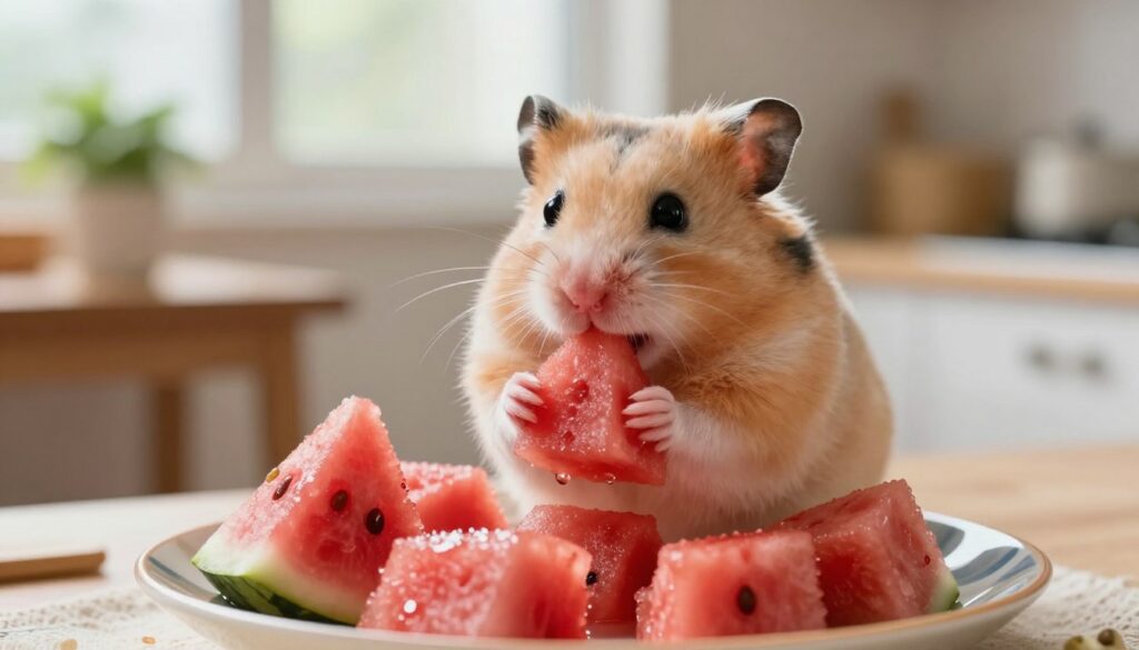 A cute, fluffy hamster sitting on a small, colorful plate filled with small watermelon cubes, its tiny paws delicately holding a piece of fruit, emphasizing the moment of enjoyment. The foreground features vibrant watermelon slices, with glistening watery textures and rich red flesh, while the hamster’s expressive eyes reflect curiosity and delight. In the middle ground, a softly blurred kitchen scene includes a wooden table and a small plant, enhancing the cozy atmosphere. The background consists of warm, natural light cascading through a window, creating a friendly and inviting environment. Use a shallow depth of field to focus on the hamster and watermelon, capturing a playful and cheerful mood, inviting viewers to ponder the adorable eating habits of hamsters.
