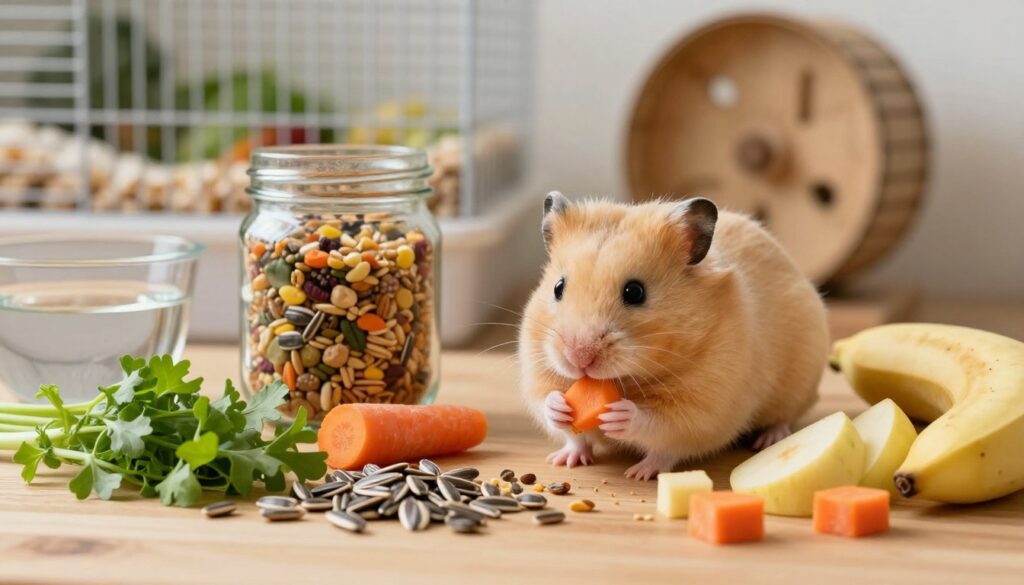 A cute golden hamster sitting on a wooden table, surrounded by a variety of healthy foods for a balanced diet. In the foreground, the hamster is nibbling on a small piece of carrot, with scattered sunflower seeds, fresh greens, and tiny pieces of fruit like apple and banana around it. The middle ground features a glass jar filled with colorful mixed grains, complemented by a small bowl of fresh water. The background shows a cozy cage setup with soft bedding and a small wheel, softly lit by warm, natural light to create a peaceful atmosphere. The composition should emphasize the vibrant colors of the food and the adorable expression of the hamster, evoking a sense of care and attention to pet nutrition. A cute golden hamster sitting on a wooden table, surrounded by a variety of healthy foods for a balanced diet. In the foreground, the hamster is nibbling on a small piece of carrot, with scattered sunflower seeds, fresh greens, and tiny pieces of fruit like apple and banana around it. The middle ground features a glass jar filled with colorful mixed grains, complemented by a small bowl of fresh water. The background shows a cozy cage setup with soft bedding and a small wheel, softly lit by warm, natural light to create a peaceful atmosphere. The composition should emphasize the vibrant colors of the food and the adorable expression of the hamster, evoking a sense of care and attention to pet nutrition.