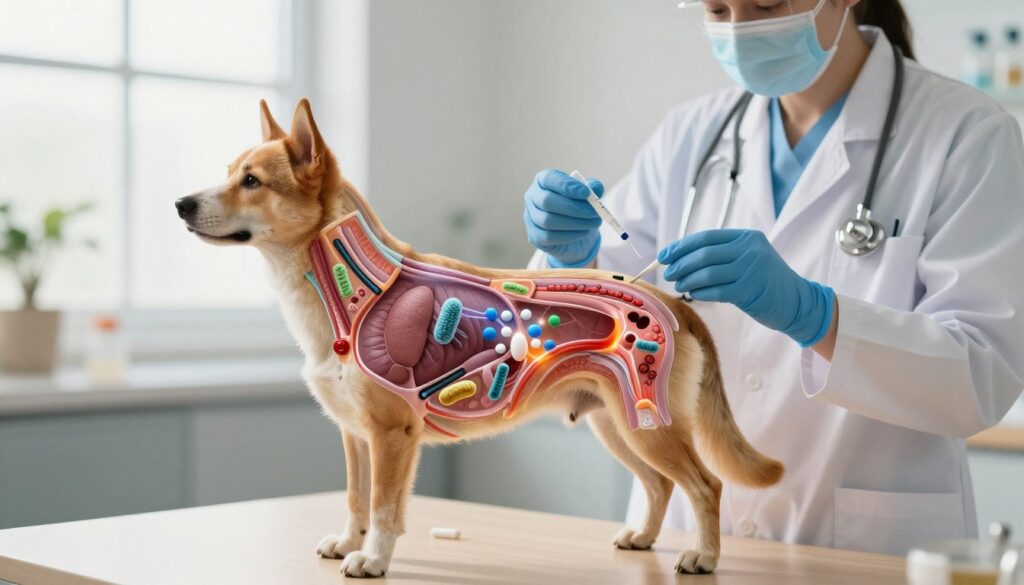 A detailed and informative illustration of amoxicillin and clavulanic acid as they interact within a dog's body. In the foreground, a vibrant anatomical illustration of a healthy dog shows key organs highlighted in a semi-transparent view, with animated representations of amoxicillin and clavulanic acid molecules interacting with bacteria, showcasing their antibacterial action. The middle ground features a soft-focus depiction of a veterinarian's hand administering medication to the dog, creating a sense of care and professionalism. The background includes a warm, inviting veterinary clinic setting with light filtering through a window, enhancing the mood of healing. The lighting is bright and natural, emphasizing clarity and focus on the interaction between the drugs and the dog's biological system. The overall atmosphere is educational and engaging, aimed at conveying the importance of these medications in veterinary care. A detailed and informative illustration of amoxicillin and clavulanic acid as they interact within a dog's body. In the foreground, a vibrant anatomical illustration of a healthy dog shows key organs highlighted in a semi-transparent view, with animated representations of amoxicillin and clavulanic acid molecules interacting with bacteria, showcasing their antibacterial action. The middle ground features a soft-focus depiction of a veterinarian's hand administering medication to the dog, creating a sense of care and professionalism. The background includes a warm, inviting veterinary clinic setting with light filtering through a window, enhancing the mood of healing. The lighting is bright and natural, emphasizing clarity and focus on the interaction between the drugs and the dog's biological system. The overall atmosphere is educational and engaging, aimed at conveying the importance of these medications in veterinary care.