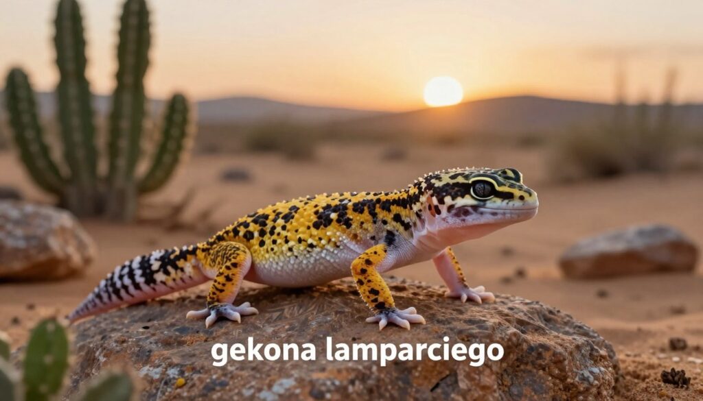 A detailed and realistic depiction of a "gekona lamparciego" (leopard gecko) in its natural habitat. In the foreground, showcase an intricately patterned leopard gecko with vivid yellow and black spots, perched on a smooth rock. Its eyes glimmer with curiosity and intelligence. In the middle ground, include a lush environment featuring desert plants, like small cacti and scattered rocks, to represent the gecko's natural habitat. In the background, softly blurred sand dunes under a warm, golden sunset sky create a serene atmosphere. The lighting should be warm and inviting, capturing the essence of dusk with soft shadows. The composition should evoke a sense of tranquility and harmony, illustrating the natural needs of this unique species. A detailed and realistic depiction of a "gekona lamparciego" (leopard gecko) in its natural habitat. In the foreground, showcase an intricately patterned leopard gecko with vivid yellow and black spots, perched on a smooth rock. Its eyes glimmer with curiosity and intelligence. In the middle ground, include a lush environment featuring desert plants, like small cacti and scattered rocks, to represent the gecko's natural habitat. In the background, softly blurred sand dunes under a warm, golden sunset sky create a serene atmosphere. The lighting should be warm and inviting, capturing the essence of dusk with soft shadows. The composition should evoke a sense of tranquility and harmony, illustrating the natural needs of this unique species.