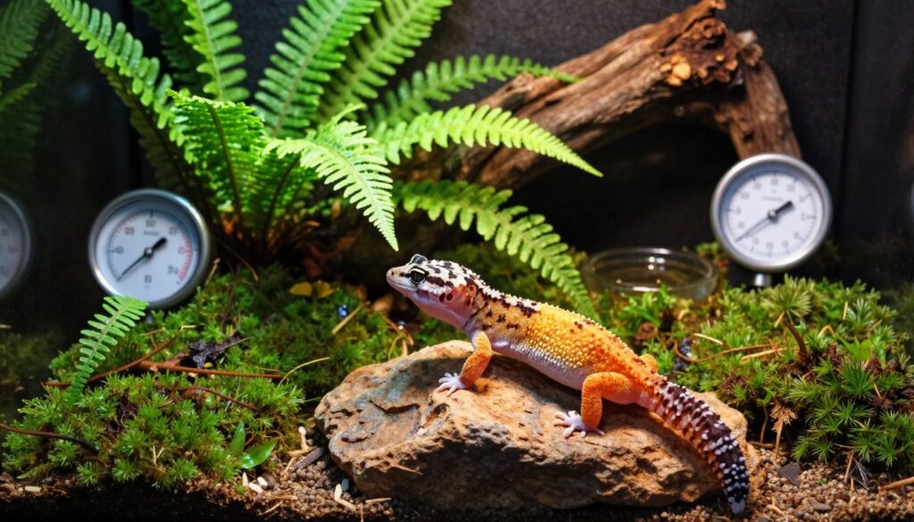 A detailed and vibrant terrarium scene showcasing the ideal habitat for a leopard gecko. In the foreground, emphasize a realistic gecko perched on a textured rock, basking under a warm, soft light that simulates a daytime setting. The middle layer features lush, vibrant greenery, including ferns and mosses, enhancing humidity levels. A humidity gauge and thermometer are subtly integrated into the scene, displaying optimal settings. In the background, create a dimly lit area with small water features, simulating nighttime, to add a cozy, tranquil atmosphere. The overall mood is one of a thriving, well-maintained ecosystem, illustrating ideal temperature and humidity conditions for a leopard gecko's comfort and health. A detailed and vibrant terrarium scene showcasing the ideal habitat for a leopard gecko. In the foreground, emphasize a realistic gecko perched on a textured rock, basking under a warm, soft light that simulates a daytime setting. The middle layer features lush, vibrant greenery, including ferns and mosses, enhancing humidity levels. A humidity gauge and thermometer are subtly integrated into the scene, displaying optimal settings. In the background, create a dimly lit area with small water features, simulating nighttime, to add a cozy, tranquil atmosphere. The overall mood is one of a thriving, well-maintained ecosystem, illustrating ideal temperature and humidity conditions for a leopard gecko's comfort and health.