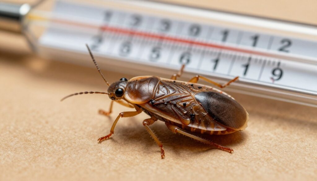 A detailed close-up of a bed bug (Cimex lectularius) on a warm surface, showcasing its distinctive brown, oval shape and tiny features. The bed bug appears to be in a state of slight distress, illustrating the effects of varying temperatures. In the background, a thermometer displays a high temperature, indicating an environment that is inhospitable to the insect. Soft, natural lighting highlights the texture of the bug's exoskeleton, while a shallow depth of field keeps the focus on the insect and the thermometer, creating a sharp contrast with a blurred environment. The overall mood conveys a sense of urgency and vulnerability, emphasizing the connection between temperature and the survival of bed bugs. A detailed close-up of a bed bug (Cimex lectularius) on a warm surface, showcasing its distinctive brown, oval shape and tiny features. The bed bug appears to be in a state of slight distress, illustrating the effects of varying temperatures. In the background, a thermometer displays a high temperature, indicating an environment that is inhospitable to the insect. Soft, natural lighting highlights the texture of the bug's exoskeleton, while a shallow depth of field keeps the focus on the insect and the thermometer, creating a sharp contrast with a blurred environment. The overall mood conveys a sense of urgency and vulnerability, emphasizing the connection between temperature and the survival of bed bugs.