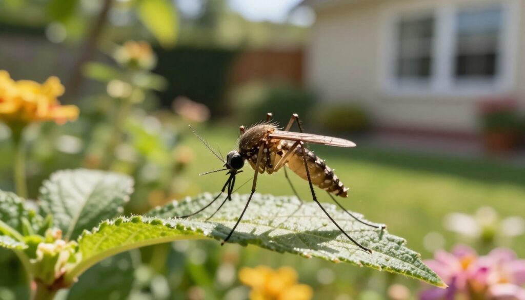 A detailed close-up of a mosquito perched delicately on a green leaf in a sunlit garden, showcasing its intricate body structure and delicate wings. The foreground focuses on the mosquito, highlighting its features with sharp clarity. In the middle ground, lush garden plants and vibrant flowers create a natural habitat, while the background fades into a soft, blurred representation of a serene home setting, suggesting a tranquil and methodical atmosphere. The lighting is warm and inviting, showcasing the sunlight filtering through the foliage, enhancing the details of the mosquito. The overall mood is calm yet informative, emphasizing the coexistence of nature and home gardening.
