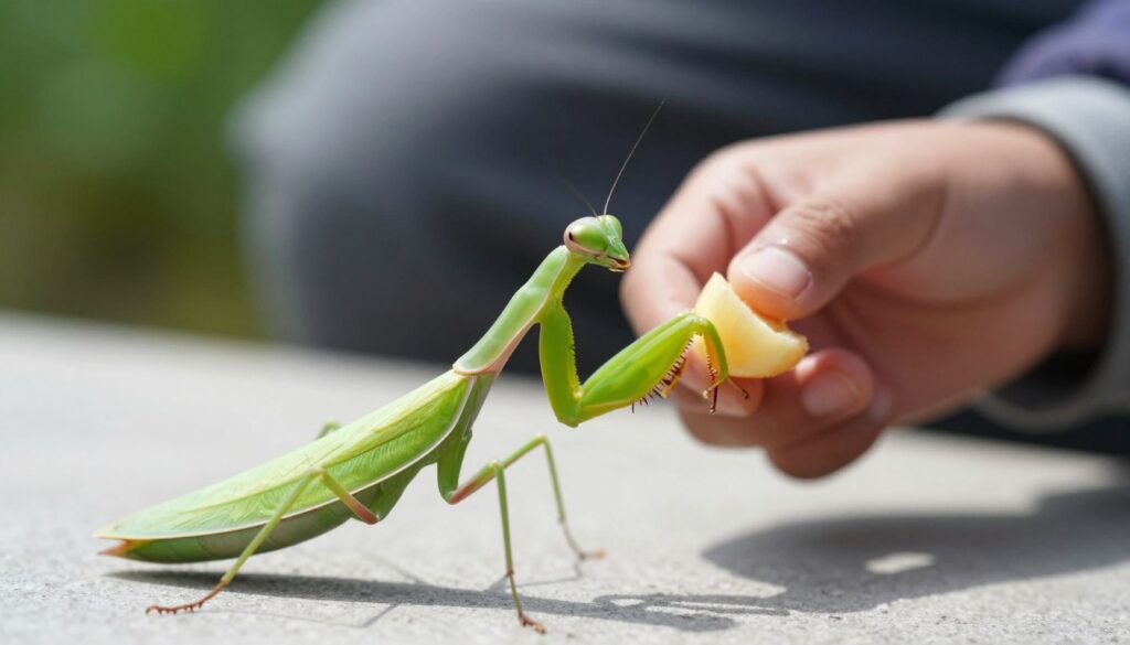 A detailed close-up of a vibrant green praying mantis being delicately fed with a small piece of fruit, showcasing its intricate features and expressive antennae. In the foreground, the mantis is perched on a smooth surface, with soft, natural light illuminating its body and casting gentle shadows. In the middle ground, a hand, wearing modest casual clothing, gently holds the fruit towards the mantis, highlighting the interaction. The background is a softly blurred natural setting, with hints of greenery that suggest a lush environment, evoking the mantis's natural habitat. The overall mood is serene and engaging, capturing the intimate moment of feeding that emphasizes the connection between nourishment and the mantis’s lifecycle. A detailed close-up of a vibrant green praying mantis being delicately fed with a small piece of fruit, showcasing its intricate features and expressive antennae. In the foreground, the mantis is perched on a smooth surface, with soft, natural light illuminating its body and casting gentle shadows. In the middle ground, a hand, wearing modest casual clothing, gently holds the fruit towards the mantis, highlighting the interaction. The background is a softly blurred natural setting, with hints of greenery that suggest a lush environment, evoking the mantis's natural habitat. The overall mood is serene and engaging, capturing the intimate moment of feeding that emphasizes the connection between nourishment and the mantis’s lifecycle.