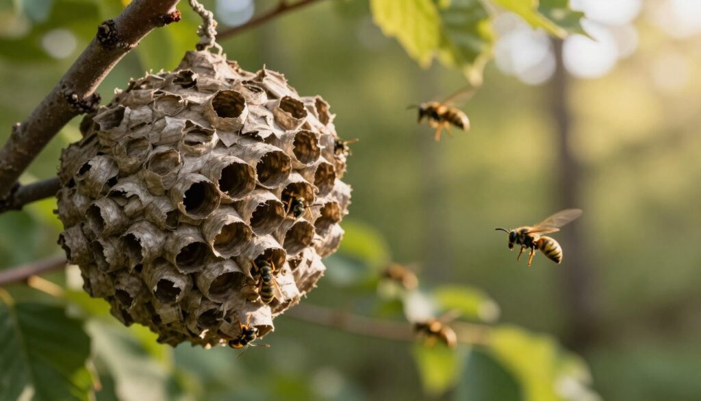A detailed close-up of a wasp nest (gniazdo) nestled in a tree branch in Poland during the late summer. The foreground features the intricate texture and layers of the nest, showcasing its paper-like structure and the small entry holes where wasps are seen entering and exiting. In the middle ground, a few worker wasps are actively flying around, with soft blurring to emphasize movement. The background reveals a lush green forest environment, dappled with sunlight filtering through the leaves, creating a warm and inviting atmosphere. The scene is illuminated by soft, natural light, capturing the essence of late afternoon. The overall mood is one of calm observation of nature, highlighting the lifecycle and activity of the wasps. A detailed close-up of a wasp nest (gniazdo) nestled in a tree branch in Poland during the late summer. The foreground features the intricate texture and layers of the nest, showcasing its paper-like structure and the small entry holes where wasps are seen entering and exiting. In the middle ground, a few worker wasps are actively flying around, with soft blurring to emphasize movement. The background reveals a lush green forest environment, dappled with sunlight filtering through the leaves, creating a warm and inviting atmosphere. The scene is illuminated by soft, natural light, capturing the essence of late afternoon. The overall mood is one of calm observation of nature, highlighting the lifecycle and activity of the wasps.