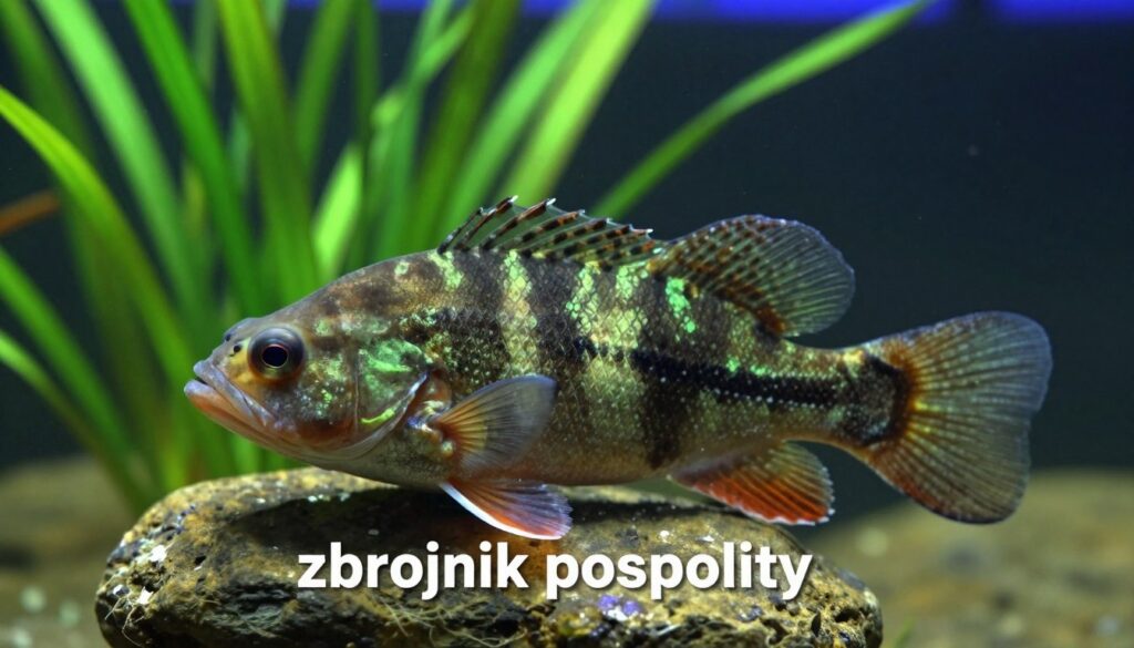 A detailed close-up of a "zbrojnik pospolity" fish, showcasing its distinctive armored scales and unique color patterns with rich greens and browns. The foreground features the fish gracefully perched on a smooth rock, highlighting its natural habitat. In the middle ground, soft aquatic plants sway gently, adding depth and life to the scene. The background captures a subtle hint of a dimly lit tank, with blurred blue lighting that enhances the tranquil atmosphere. The composition is photographed from a slightly elevated angle, allowing for a comprehensive view of the fish and its surroundings. The mood is serene and educational, perfect for illustrating a specific section in an informative article.