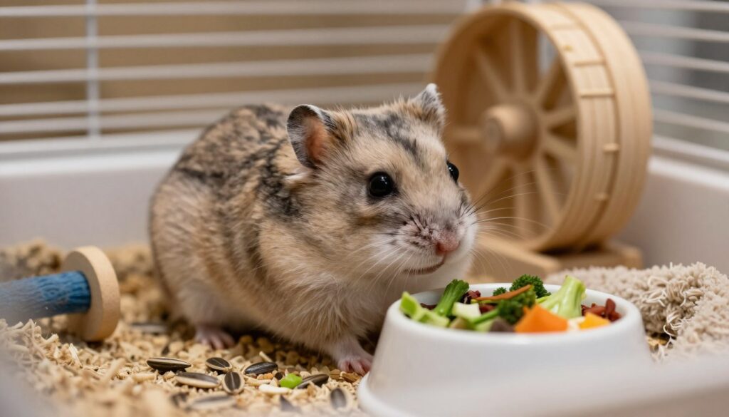 A detailed close-up of an elderly Dzungarian hamster in a cozy habitat setting, showcasing signs of seniority such as graying fur, slower movements, and a gentle demeanor. The hamster is nestled in a comfortable bedding area, surrounded by small chew toys and a food bowl filled with fresh vegetables. Soft, warm lighting illuminates the scene, creating a tranquil atmosphere. The background features a well-kept cage with wooden bars and a small wheel. In the foreground, delicate details such as a few scattered sunflower seeds and a tiny fleece blanket enhance the environment. The image conveys a sense of care and tenderness, highlighting the importance of understanding a hamster's aging signs for better care. A detailed close-up of an elderly Dzungarian hamster in a cozy habitat setting, showcasing signs of seniority such as graying fur, slower movements, and a gentle demeanor. The hamster is nestled in a comfortable bedding area, surrounded by small chew toys and a food bowl filled with fresh vegetables. Soft, warm lighting illuminates the scene, creating a tranquil atmosphere. The background features a well-kept cage with wooden bars and a small wheel. In the foreground, delicate details such as a few scattered sunflower seeds and a tiny fleece blanket enhance the environment. The image conveys a sense of care and tenderness, highlighting the importance of understanding a hamster's aging signs for better care.