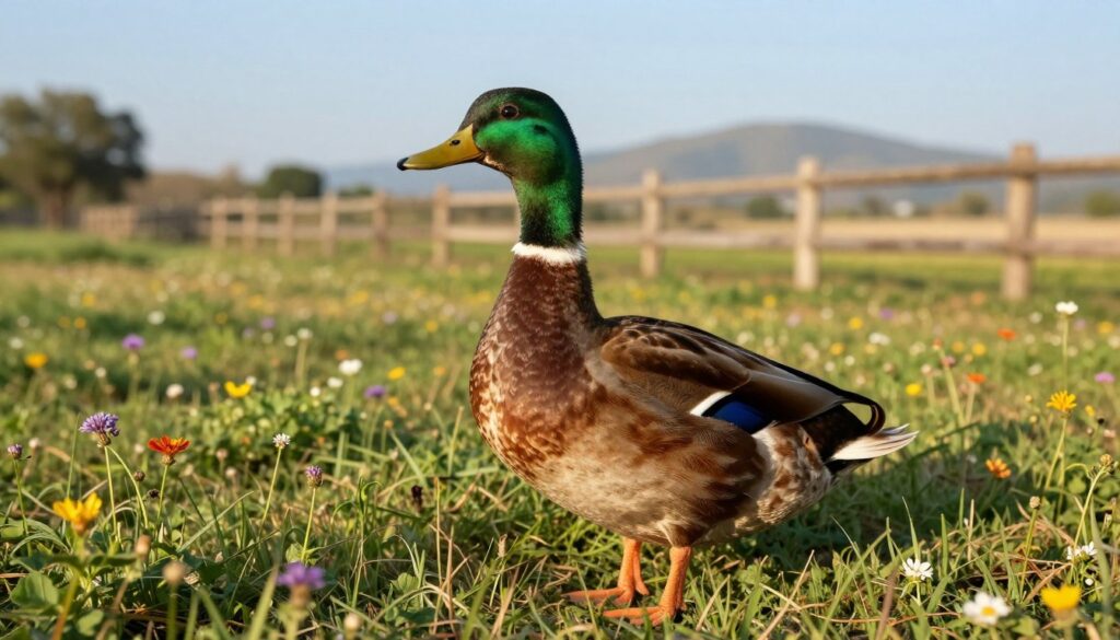 A detailed depiction of an Indian runner duck in a lush, vibrant rural setting. In the foreground, the duck stands gracefully, showcasing its unique upright posture and glossy plumage with iridescent green and brown hues. The middle ground features a soft, grassy area with wildflowers in various colors, while the background reveals a serene, sunlit landscape with a wooden fence and distant hills, under a clear blue sky. The lighting is natural and warm, casting gentle shadows, enhancing the peaceful, pastoral mood. Capture the essence of the duck’s well-being, emphasizing its natural habitat, and the harmonious relationship with the environment. The perspective should be slightly low-angle to highlight the duck’s stature, creating a sense of admiration for its elegance.