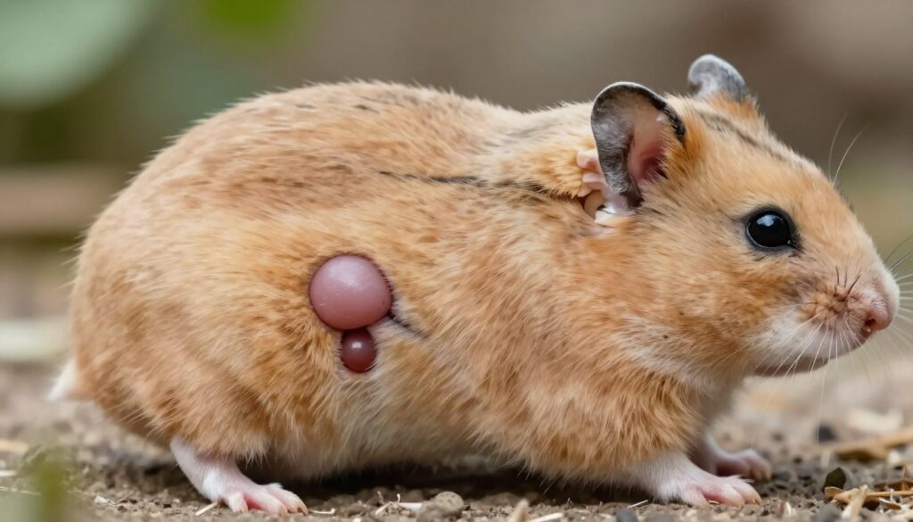 A detailed, educational illustration of the undersides of a Dzungarian hamster, showcasing clear anatomical characteristics for sex differentiation. The image should display a close-up view focusing on the pelvic area, with well-defined features such as the male's slightly larger size and distinct genitalia compared to the female's. Use soft, natural lighting to emphasize the fur texture and anatomical structures, ensuring a clear distinction between male and female. The background should be a blurred natural habitat setting to maintain focus on the hamster, enhancing an educational and informative atmosphere. The angle should provide a slightly elevated perspective to give depth to the anatomical details, ensuring clarity and precision in the presentation.