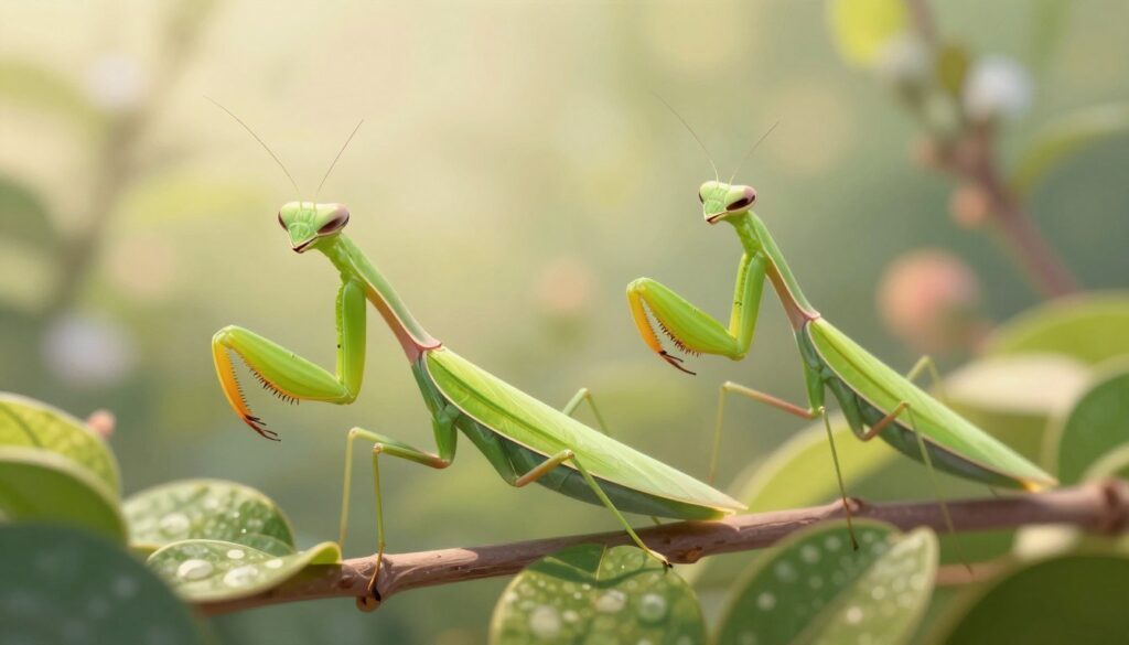 A detailed illustration of a female mantis in the foreground, showcasing her vibrant green exoskeleton and intricate patterns on her wings, positioned on a branch surrounded by lush foliage. The mantis stands in a slight profile view to capture her elongated shape and distinctive large compound eyes. In the middle ground, a male mantis is subtly observed, maintaining a respectful distance, highlighting the dynamics of mantis courtship behavior. The background features a blurred garden scene with soft bokeh effects, evoking a warm, natural environment. The lighting is soft and diffused, simulating early morning light to create a serene ambiance. The overall mood is peaceful yet informative, emphasizing the life cycle and reproductive behaviors of these fascinating insects. A detailed illustration of a female mantis in the foreground, showcasing her vibrant green exoskeleton and intricate patterns on her wings, positioned on a branch surrounded by lush foliage. The mantis stands in a slight profile view to capture her elongated shape and distinctive large compound eyes. In the middle ground, a male mantis is subtly observed, maintaining a respectful distance, highlighting the dynamics of mantis courtship behavior. The background features a blurred garden scene with soft bokeh effects, evoking a warm, natural environment. The lighting is soft and diffused, simulating early morning light to create a serene ambiance. The overall mood is peaceful yet informative, emphasizing the life cycle and reproductive behaviors of these fascinating insects.