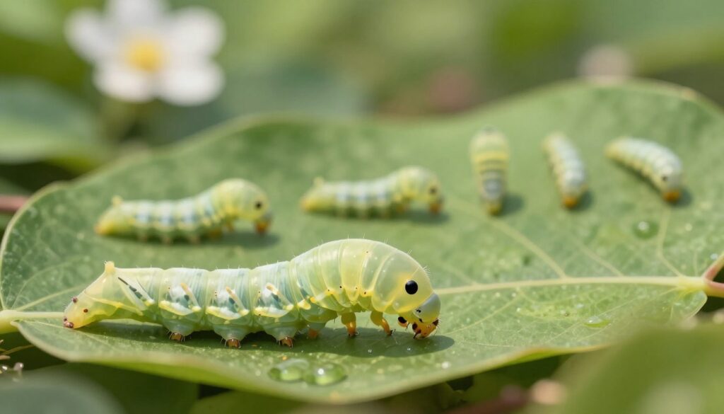 A detailed illustration of a larva at various developmental stages, nestled within a lush green environment. In the foreground, a close-up view of a translucent larva showcases its segmented body and tiny hairs reflecting sunlight. In the middle ground, several larvae of varying sizes are shown, highlighting the cycle of growth and transformation. The background features soft blurred shapes of leaves and flowers, creating a natural habitat ambiance. Natural light filters through the leaves above, casting gentle shadows on the larvae, enhancing their texture and form. The overall mood is serene and scientific, capturing the essence of nature's intricate life cycle. A detailed illustration of a larva at various developmental stages, nestled within a lush green environment. In the foreground, a close-up view of a translucent larva showcases its segmented body and tiny hairs reflecting sunlight. In the middle ground, several larvae of varying sizes are shown, highlighting the cycle of growth and transformation. The background features soft blurred shapes of leaves and flowers, creating a natural habitat ambiance. Natural light filters through the leaves above, casting gentle shadows on the larvae, enhancing their texture and form. The overall mood is serene and scientific, capturing the essence of nature's intricate life cycle.