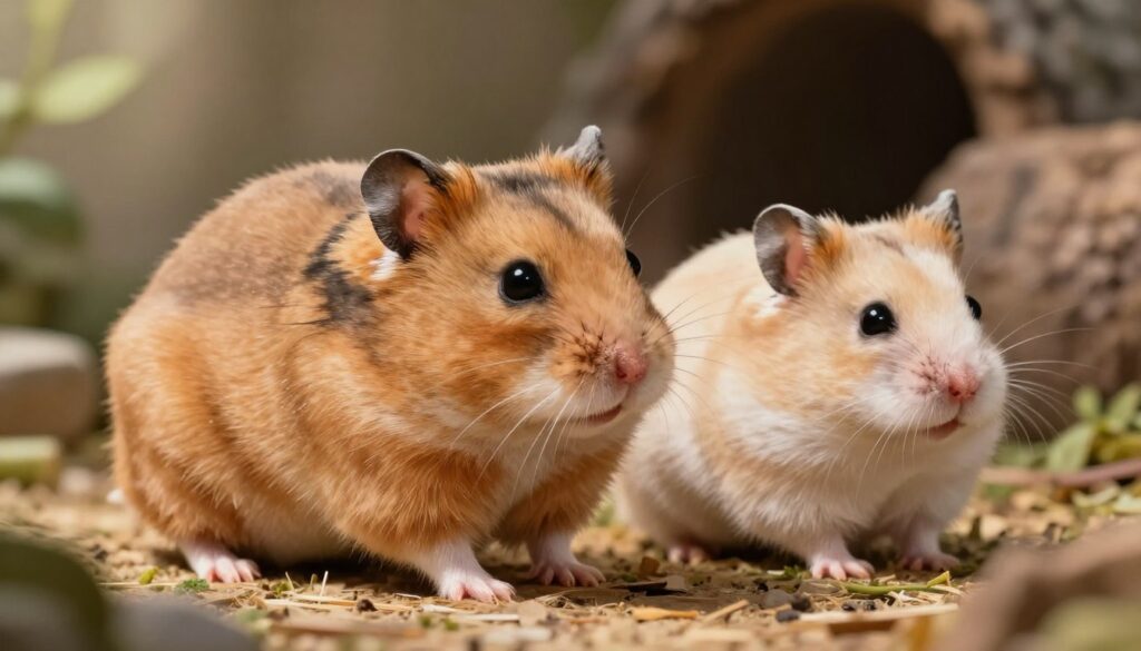 A detailed illustration of two hamsters, one male and one female, showcasing the visible physical differences between the sexes. In the foreground, position the male hamster with a slightly larger body and a more pronounced build, depicting its robust frame. Beside it, the female hamster should appear smaller and more slender, emphasizing the gender differences. In the middle ground, incorporate different textures of their fur, highlighting the male's thicker coat versus the female's softer, finer fur. The background should be a natural setting resembling a cozy habitat with soft natural light cast through the environment, creating a warm and inviting atmosphere. The composition should focus on clarity, with a shallow depth of field to bring attention to the hamsters while softly blurring the background details.