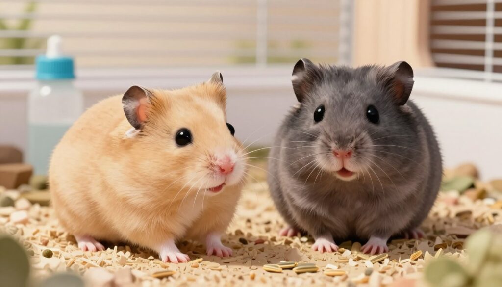 A detailed illustration showcasing the physical appearance and distinctive features of a Roborovski and a Campbell's dwarf hamsters side by side. In the foreground, the Roborovski hamster is depicted with its sandy beige fur, small size, and energetic posture, while the Campbell's dwarf hamster is shown with its rounder body, darker grey fur, and expressive face. In the middle ground, a natural habitat setting includes elements like soft bedding, a small water bottle, and a few scattered seeds to reflect their daily environment. The background features a cozy, softly lit hamster cage, creating a warm and inviting atmosphere. The lighting is bright but soft, evoking a sense of cheerfulness and energy. The camera angle is slightly above the hamsters, allowing for a clear view of their unique characteristics.