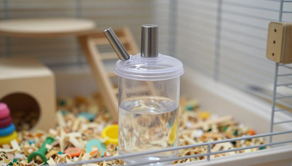 A detailed image of a hamster water bottle placed inside a cozy, well-lit hamster cage. The water bottle is made of clear plastic with a stainless steel spout, showcasing its functional design for small pets. In the foreground, the focus is on the water bottle, highlighted by soft, natural lighting that reflects off its surface. The middle ground features a colorful blend of bedding and shredded paper, with toys and climbing structures for the hamster, adding a playful atmosphere. The background should softly blur to reveal the cage's bars, enhancing the feeling of enclosure while maintaining focus on the water bottle. The overall mood is warm and inviting, reflecting a safe environment for a pet hamster. A detailed image of a hamster water bottle placed inside a cozy, well-lit hamster cage. The water bottle is made of clear plastic with a stainless steel spout, showcasing its functional design for small pets. In the foreground, the focus is on the water bottle, highlighted by soft, natural lighting that reflects off its surface. The middle ground features a colorful blend of bedding and shredded paper, with toys and climbing structures for the hamster, adding a playful atmosphere. The background should softly blur to reveal the cage's bars, enhancing the feeling of enclosure while maintaining focus on the water bottle. The overall mood is warm and inviting, reflecting a safe environment for a pet hamster.