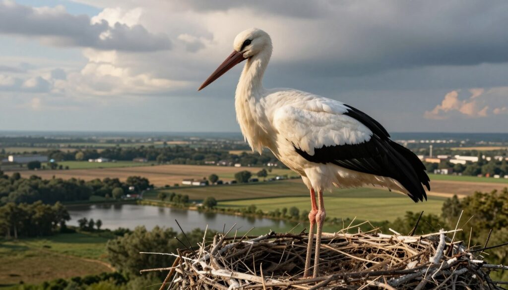 A detailed scene showcasing a white stork in a natural setting, highlighting the various risk factors affecting its lifespan. In the foreground, a majestic white stork stands on a nest, its glossy feathers reflecting the sunlight, with a concerned expression as it surveys the environment. In the middle ground, illustrate a lush landscape featuring fields and water bodies, illustrating habitat loss and pollution; subtle hints of human activity, such as distant buildings and vehicles, are present. In the background, a cloudy sky adds a dramatic contrast, hinting at climate change. The lighting is warm and natural, emulating late afternoon, creating a mood of urgency and reflection. The shot is taken from a low angle to emphasize the stork and the challenges it faces, evoking a sense of vulnerability in nature.