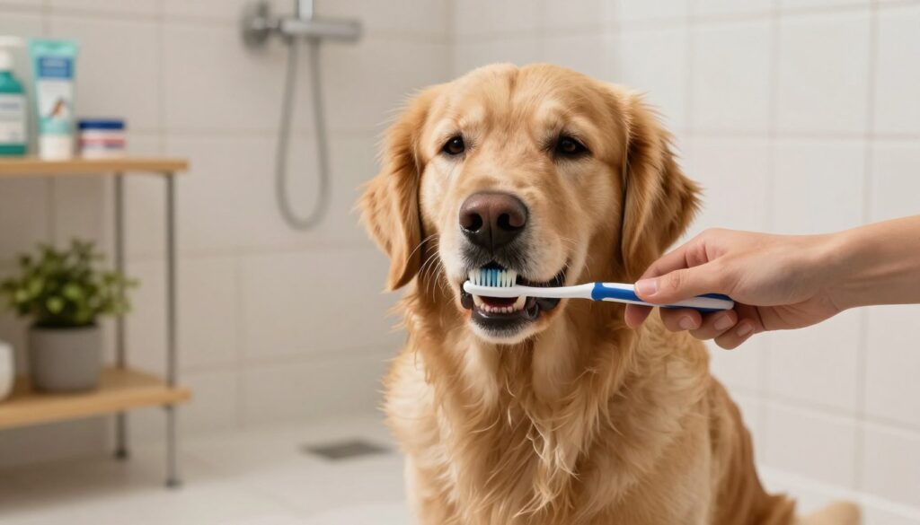 A dog sitting on a clean, tiled bathroom floor, looking apprehensive as a person gently brushes its teeth using a soft-bristle toothbrush. The dog, a golden retriever with a shiny coat, has its mouth slightly open, revealing its teeth while the toothbrush is mid-motion. Surround the scene with a soothing atmosphere, using soft, warm lighting to create an inviting space, casting gentle shadows. In the background, include shelves with pet dental care products and a small plant to add a touch of liveliness. Opt for a close-up shot that captures the dog's expression and the brushing action clearly, emphasizing care and safety in pet dental hygiene practices. A dog sitting on a clean, tiled bathroom floor, looking apprehensive as a person gently brushes its teeth using a soft-bristle toothbrush. The dog, a golden retriever with a shiny coat, has its mouth slightly open, revealing its teeth while the toothbrush is mid-motion. Surround the scene with a soothing atmosphere, using soft, warm lighting to create an inviting space, casting gentle shadows. In the background, include shelves with pet dental care products and a small plant to add a touch of liveliness. Opt for a close-up shot that captures the dog's expression and the brushing action clearly, emphasizing care and safety in pet dental hygiene practices.