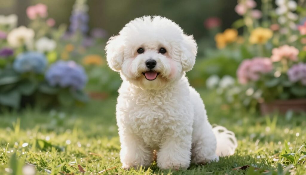 A fluffy Coton de Tulear dog, sitting gracefully on a soft grassy surface, with a vibrant garden in the background. The dog’s coat is pure white and has a cotton-like texture, creating a striking visual against the lush greenery. The lighting is warm and soft, mimicking the gentle glow of a sunny afternoon, casting a happy disposition on the scene. The focus is sharp on the dog's expressive face and curly fur, while the background features blurred flowers in various pastel colors to enhance the serene atmosphere. The image captures the playful yet calm nature of the breed, ideal for showcasing its charm and uniqueness. A fluffy Coton de Tulear dog, sitting gracefully on a soft grassy surface, with a vibrant garden in the background. The dog’s coat is pure white and has a cotton-like texture, creating a striking visual against the lush greenery. The lighting is warm and soft, mimicking the gentle glow of a sunny afternoon, casting a happy disposition on the scene. The focus is sharp on the dog's expressive face and curly fur, while the background features blurred flowers in various pastel colors to enhance the serene atmosphere. The image captures the playful yet calm nature of the breed, ideal for showcasing its charm and uniqueness.