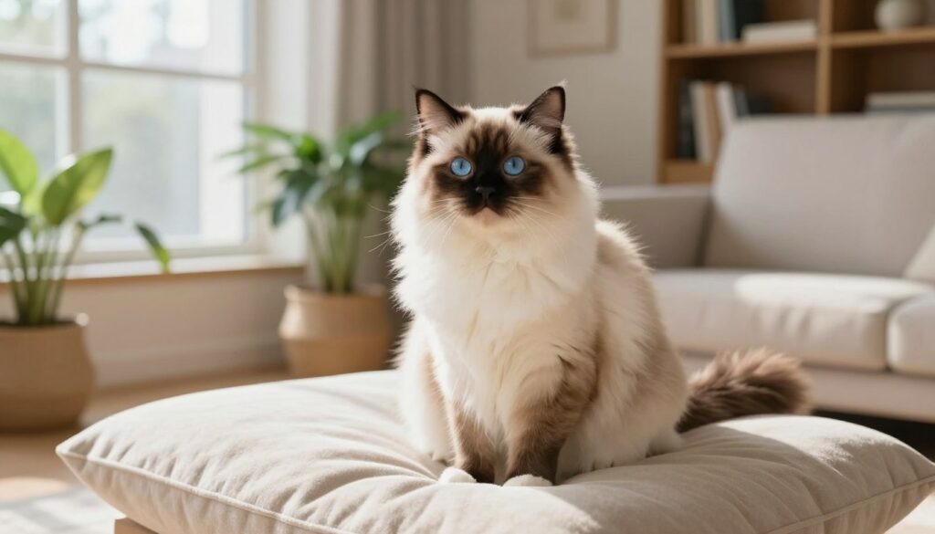 A fluffy Ragdoll cat with striking blue eyes sits gracefully in a cozy living room. The cat’s coat is a mix of light cream and darker points on its ears, face, paws, and tail, showcasing a soft, well-groomed appearance. In the foreground, the cat is perched on a plush, oversized cushion, exuding an aura of calm and serenity. The middle ground features a tastefully decorated room with indoor plants and soft natural light coming through a large window, casting gentle shadows. The background shows a subtle glimpse of a warm wooden bookshelf, adding a homely touch to the overall composition. The atmosphere is inviting and peaceful, inviting viewers to appreciate the beauty and elegance of the Ragdoll breed.