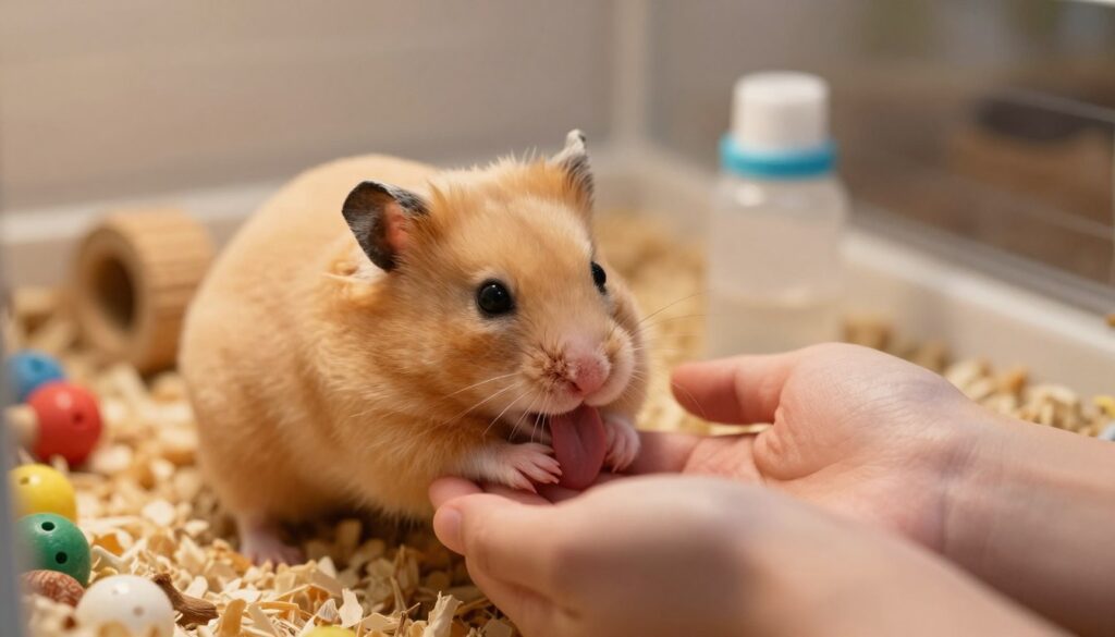 A fluffy golden hamster gently licking the hands of a caring human, showcasing a tender moment of affection. The foreground features the hamster, its fur gleaming under soft, warm lighting, accentuating its round eyes and tiny paws in detail. The human's hand is partially in view, relaxed and welcoming, with subtle skin texture highlighting a sense of trust and connection. In the middle ground, a cozy hamster habitat filled with soft bedding, colorful chew toys, and a small water bottle adds context. The background is softly blurred, suggesting a peaceful home environment, with warm lighting creating an inviting atmosphere. Capture this intimate scene from a slight angle that highlights both the hamster and the human's hand, evoking warmth and love.