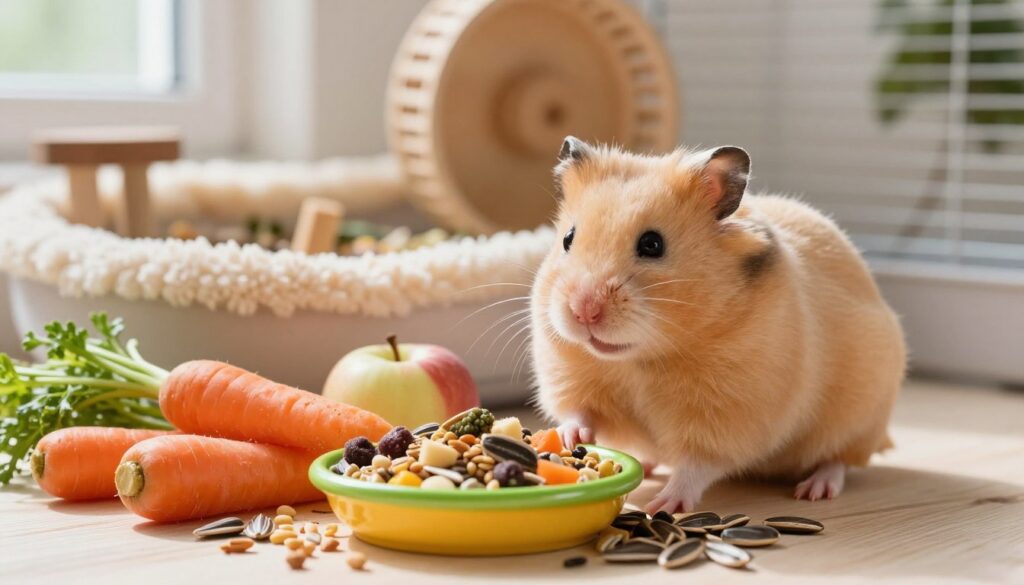 A fluffy golden hamster sitting contentedly in a cozy, well-lit environment filled with fresh vegetables and a scattering of sunflower seeds. The foreground shows a small, colorful dish overflowing with treats like carrots, apples, and grains, enticingly arranged to showcase a healthy diet. In the middle background, a plush hamster cage is adorned with wooden chew toys and a wheel, hinting at a playful and nurturing atmosphere. Soft natural light from a nearby window illuminates the scene, casting gentle shadows and enhancing the warmth of the setting. The overall mood is cheerful and lively, inviting viewers to understand the joy of caring for a hamster's dietary needs.