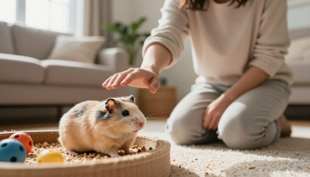 A gentle and welcoming scene of a person, dressed in modest casual clothing, kneeling in a cozy living room with soft, diffused natural light streaming in from a nearby window. In the foreground, the person extends their hand slowly towards a curious, fluffy hamster perched on the edge of a small play area filled with colorful toys. The hamster's fur is a creamy beige with soft gray markings, and it has bright, attentive eyes. In the background, the living room features comforting elements like a plush sofa and indoor plants, enhancing a warm, inviting atmosphere. The composition captures a moment of connection and bonding, emphasizing a calm and stress-free approach to taming the hamster.