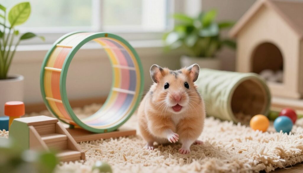 A happy hamster in a spacious, well-decorated habitat, surrounded by playful elements like a colorful exercise wheel, tunnels, and soft bedding. The hamster is actively exploring, with bright, expressive eyes and a joyful pose, conveying a sense of curiosity and contentment. In the background, soft natural light filters through a window, creating a warm and cheerful atmosphere. The environment features vibrant green plants and a cozy corner with toys, emphasizing a safe and engaging home. The image should evoke feelings of happiness and well-being, showcasing the signs of a thriving pet. Capture this scene from a slightly elevated angle to provide depth and context, highlighting the hamster’s joyful actions.