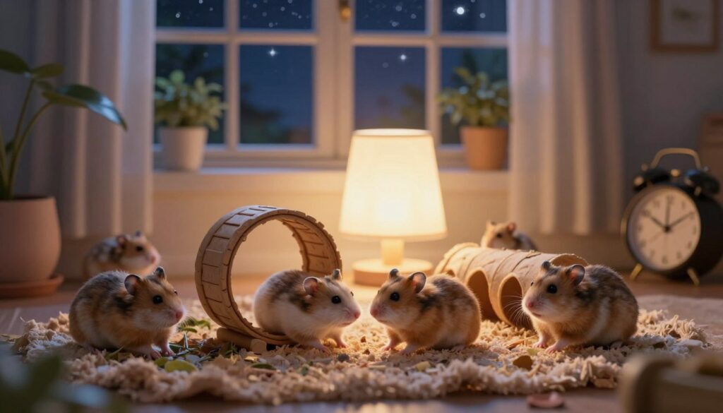 A harmonious night scene depicting the daily rhythm of various small animals, including hamsters, in a cozy, well-lit living room environment. In the foreground, two cute hamsters engage playfully in their habitat, with a wheel and tunnels surrounded by soft bedding. The middle ground features a warm, gently glowing lamp illuminating their space, casting soft shadows. In the background, a large window reveals a tranquil night sky filled with stars, enhancing the calm atmosphere. Subtle details like plant leaves rustling slightly and a clock showing late hours emphasize the animals' nocturnal behavior. The lighting should be warm and inviting, creating a sense of peace and connection, reflecting the impact of noise on hamster relationships.