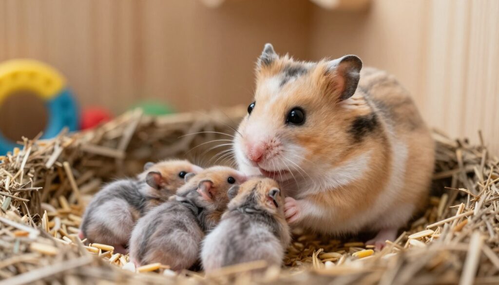A heartwarming scene of a hamster mother tenderly caring for her young in a cozy nest. In the foreground, the mother hamster, with soft fur in shades of brown and white, is cradling a few tiny, fluffy baby hamsters, showcasing their delicate features and soft textures. In the middle ground, the nest is made of soft bedding and scattered grains, creating a nurturing environment. The background features a warm, softly lit habitat with hints of natural wooden elements and a few colorful chew toys, enhancing the homely atmosphere. The overall mood is one of warmth and tenderness, captured in gentle, natural lighting that highlights the love and care in the scene, with a focus on the nurturing bond between the mother and her babies, framed from a slight angle to provide depth.