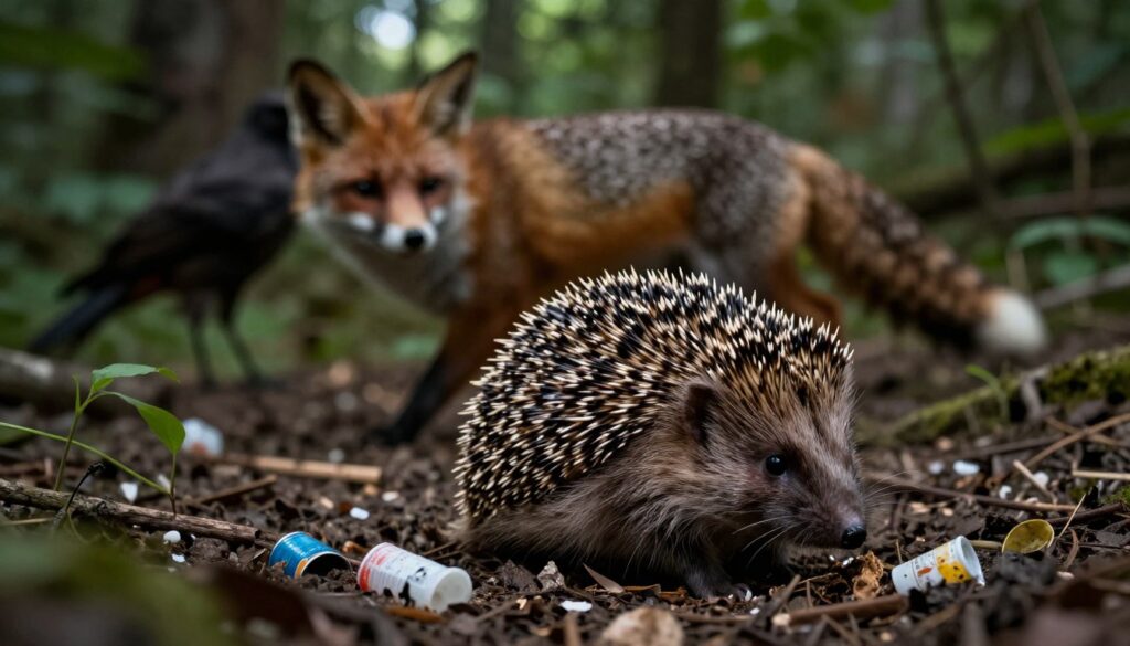 A hedgehog in a natural forest setting, highlighting various threats it faces in the wild. In the foreground, depict a hedgehog curled into a defensive ball, with sharp quills visible, surrounded by scattered litter such as plastic and metal shards. In the middle ground, show a blurred figure of a predator, like a fox or bird, stalking the hedgehog. The background features dense foliage and trees, with dappled sunlight filtering through leaves, creating a moody atmosphere that suggests danger. Use a close-up angle to emphasize the hedgehog's plight, capturing the tension in the scene. The overall lighting should be slightly dim to convey urgency, while maintaining clarity in focus on the hedgehog.