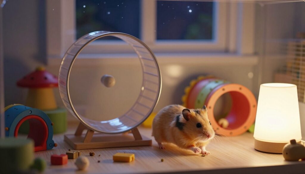 A lively scene depicting a Syrian hamster engaging in its nocturnal activities inside a cozy, well-lit habitat. In the foreground, the hamster is playfully running on a wheel, its fur shimmering in the warm glow of a small lamp. In the middle ground, a colorful assortment of toys and tunnels creates an engaging environment, with some chewable items scattered around. The background features a softly blurred window revealing a starry night sky, enhancing the sense of nighttime energy. The mood is playful and energetic, emphasizing the hamster's natural behavior, while the overall atmosphere is warm and inviting, showcasing an ideal home for a nighttime-active pet. The lighting is soft and ambient, creating a snug, comforting feel to the scene.