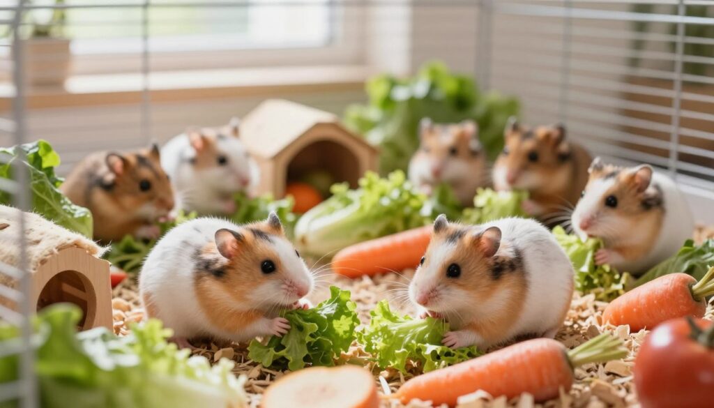 A lively scene depicting a group of playful hamsters gathering and storing fresh vegetables in their cozy cage. In the foreground, two hamsters are seen energetically pushing bits of leafy lettuce and colorful carrots into small nooks. The middle ground features a warm and inviting cage setup, with soft bedding and small eating areas, surrounded by a scattering of fresh veggies that give a sense of abundance. The background shows a brightly lit room with natural sunlight streaming through a window, enhancing the cheerful atmosphere. The image captures a sense of industriousness and joy, emphasizing the theme of food gathering in a hamster's home. Soft focus on the background adds depth to the scene.
