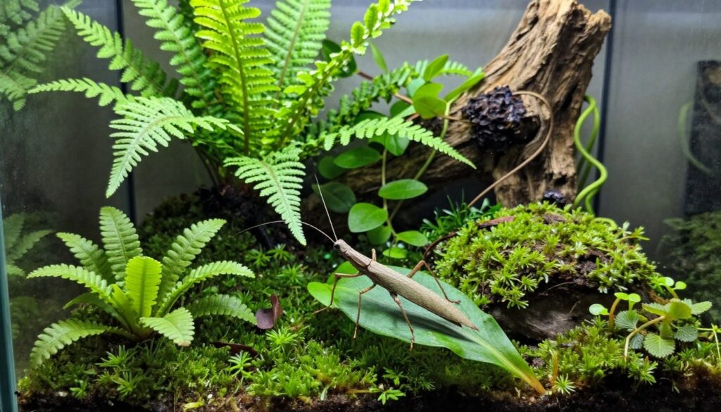 A lush, vibrant terrarium designed for a stick insect features a variety of greenery and a naturalistic setting. In the foreground, a stick insect perches delicately on a leaf, its intricate textures and colors blending harmoniously with the plants around it. The middle ground showcases a well-arranged assortment of terrarium plants, including ferns, moss, and climbing vines, creating a rich, layered habitat. In the background, soft, diffused lighting casts gentle shadows, emphasizing the peaceful and tranquil atmosphere. The terrarium glass glistens slightly, reflecting the natural light. The image should capture the essence of a safe and nurturing environment for the stick insect, inviting a sense of curiosity and admiration for its unique habitat.