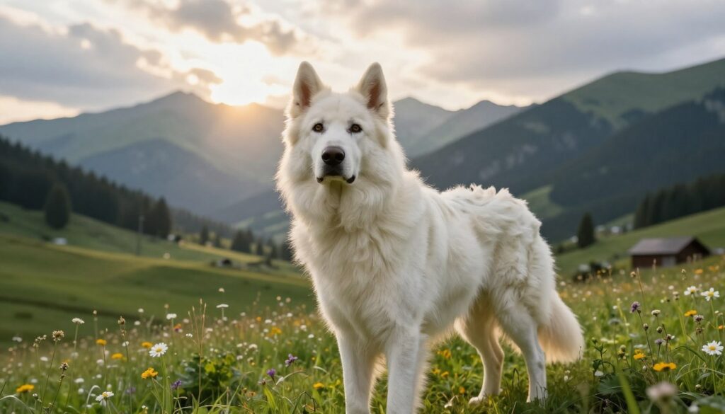 A majestic Polish Tatra Shepherd Dog, characterized by its fluffy white fur and sturdy build, stands proudly in the foreground. The dog’s expressive eyes reflect its intelligent and loyal nature. In the middle ground, a picturesque mountainous landscape is visible, featuring lush green pastures dotted with wildflowers, embodying its natural habitat. Soft rays of golden sunlight filter through fluffy clouds, creating a warm and serene atmosphere. The scene is captured from a slightly low angle to emphasize the dog's stature against the grand backdrop of the Tatra Mountains. This tranquil yet vibrant setting conveys a sense of harmony and strength, perfect for illustrating this noble breed's role as a pastoral guardian. A majestic Polish Tatra Shepherd Dog, characterized by its fluffy white fur and sturdy build, stands proudly in the foreground. The dog’s expressive eyes reflect its intelligent and loyal nature. In the middle ground, a picturesque mountainous landscape is visible, featuring lush green pastures dotted with wildflowers, embodying its natural habitat. Soft rays of golden sunlight filter through fluffy clouds, creating a warm and serene atmosphere. The scene is captured from a slightly low angle to emphasize the dog's stature against the grand backdrop of the Tatra Mountains. This tranquil yet vibrant setting conveys a sense of harmony and strength, perfect for illustrating this noble breed's role as a pastoral guardian.