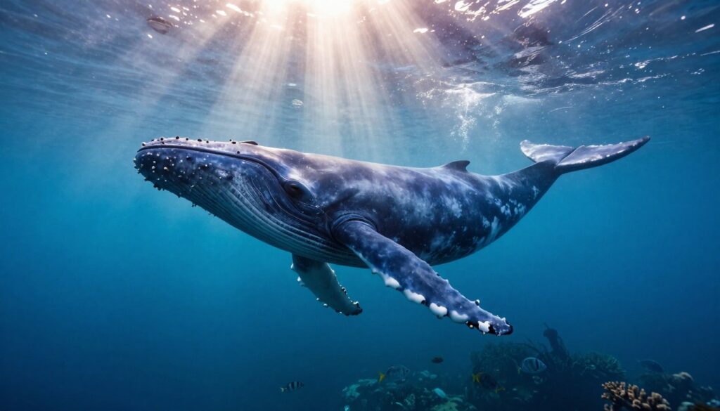 A majestic blue whale gracefully swims through the ocean depths, showcasing its enormous size and streamlined body. In the foreground, sunbeams penetrate the water's surface, creating a mesmerizing dance of light on the whale's textured skin. Surrounding the whale are smaller fish and marine life, hinting at the vibrant ecosystem that supports this ancient creature. In the middle ground, the subtle curvature of the ocean floor is visible, adorned with corals and seaweed, adding depth to the scene. The background features a soft, surreal gradient of blue hues, suggesting the vastness of the ocean. The atmosphere is serene and awe-inspiring, inviting viewers to reflect on the incredible longevity of these magnificent beings. The image should be captured with a wide-angle lens to emphasize the scale and beauty of the whale in its natural habitat.