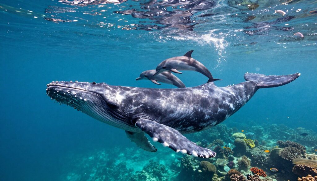 A majestic whale swimming gracefully through the crystal-clear ocean waters, showcasing its enormous size and distinctive features. In the foreground, focus on the whale's textured skin and the gentle waves created by its powerful tail. In the middle ground, a small pod of dolphins playfully interacts, highlighting the contrast between species. The background reveals a sunlit underwater landscape adorned with colorful corals and schools of fish, creating a vibrant underwater atmosphere. Soft, dappled sunlight filters through the water, casting ethereal shadows and illuminating the scene with a serene yet awe-inspiring mood. Capture this moment from a slightly below-angle perspective, emphasizing the grandeur and majesty of the whale in its natural habitat, devoid of any text or overlays.