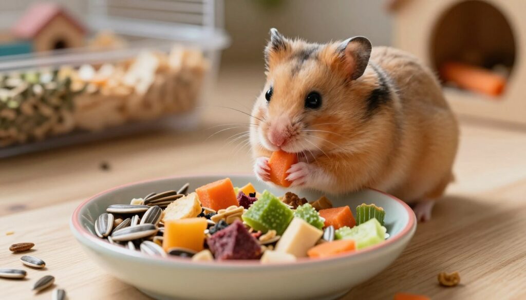 A meticulously arranged scene featuring a healthy portion of hamster food displayed on a small, colorful ceramic dish. The foreground showcases a variety of hamster treats, including sunflower seeds, dried fruit, and small chunks of fresh vegetables, emphasizing the concept of a balanced diet. In the middle ground, a playful hamster is nibbling on a piece of carrot, its fur softly illuminated by warm, natural light, creating an inviting atmosphere. The background features a cozy hamster habitat, with bedding and toys, enhancing the context of a pet environment. The composition is shot from a slightly elevated angle, providing an engaging perspective that invites viewers into the scene. The overall mood is warm and nurturing, ideal for illustrating the importance of proper feeding for pet hamsters.