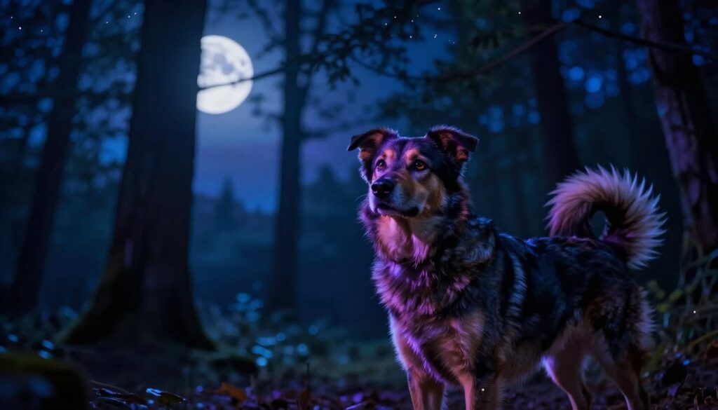 A mystical night scene portraying a serene forest illuminated by soft moonlight, focusing on hues of blue and purple. In the foreground, a curious dog stands alert, its eyes reflecting a gentle glow, highlighting its perception of colors in low light. The dog's fur glimmers subtly under the moon, showcasing a variety of shades. In the middle ground, silhouettes of trees loom, with light filtering through the branches, creating an ethereal atmosphere. The background reveals a velvety dark sky filled with twinkling stars, emphasizing the tranquility of the night. The overall mood should evoke a sense of wonder and gently explore the nuances of canine vision in darkness, with a shallow depth of field to softly blur the background and draw focus to the dog. A mystical night scene portraying a serene forest illuminated by soft moonlight, focusing on hues of blue and purple. In the foreground, a curious dog stands alert, its eyes reflecting a gentle glow, highlighting its perception of colors in low light. The dog's fur glimmers subtly under the moon, showcasing a variety of shades. In the middle ground, silhouettes of trees loom, with light filtering through the branches, creating an ethereal atmosphere. The background reveals a velvety dark sky filled with twinkling stars, emphasizing the tranquility of the night. The overall mood should evoke a sense of wonder and gently explore the nuances of canine vision in darkness, with a shallow depth of field to softly blur the background and draw focus to the dog.
