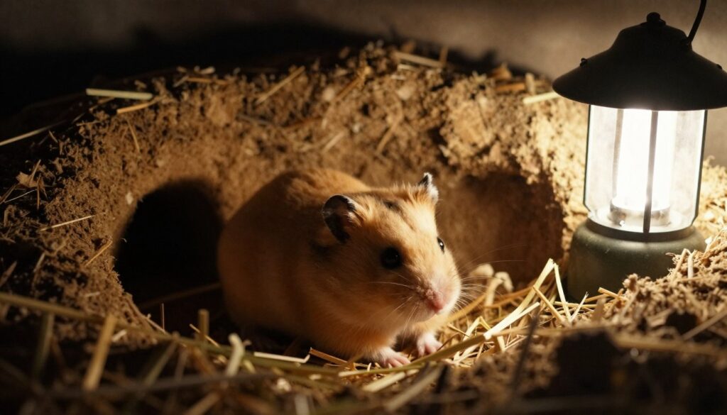 A nocturnal scene featuring a Dzungarian hamster in its burrow at night. In the foreground, the hamster is nestled comfortably among soft bedding of hay and shredded paper, its soft fur illuminated by the warm glow of a small lantern, showcasing its unique coloration of sandy brown with white underbelly. In the middle ground, intricate tunnel systems made of soft earth weave around, displaying the hamster's industrious nature. The background features a cozy, dimly-lit atmosphere that emphasizes the warmth and shelter of the burrow, with shadows softly cast by the lantern light. The scene captures a tranquil mood, conveying the quiet and restful life of the hamster during the night, focused on its natural behaviors like torpor and tunnel building. Aim for a close-up perspective to draw attention to the hamster's expressions and surroundings, emphasizing the serene night environment.