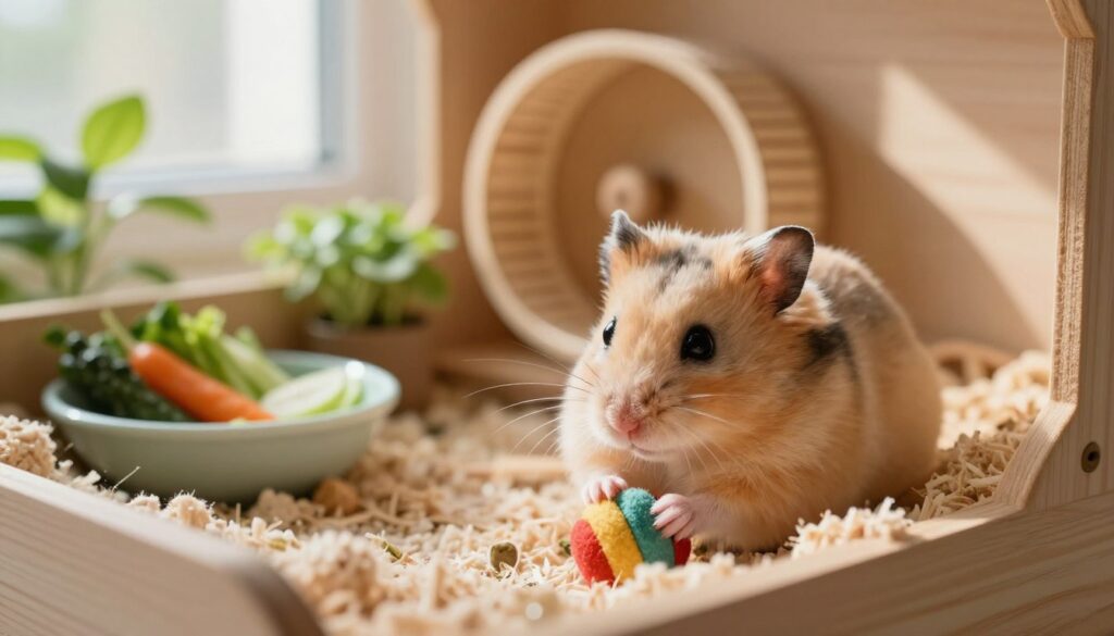A peaceful scene featuring a cute, fluffy Roborovski hamster in its natural habitat. In the foreground, the hamster is nestled in soft, warm bedding inside a cozy wooden cage, its tiny paws resting gently on a small, colorful chew toy. In the middle ground, a carefully arranged environment with gentle green plants, a shallow dish of fresh vegetables, and a small wheel for exercise. The background showcases a softly lit room with warm, natural light streaming through a window, casting gentle shadows to create a tranquil atmosphere. The overall mood is serene, emphasizing the healthy and happy life of a Roborovski hamster, portraying the importance of a calm and nurturing environment. A macro lens effect highlights the hamster's expressive eyes and delicate fur texture.