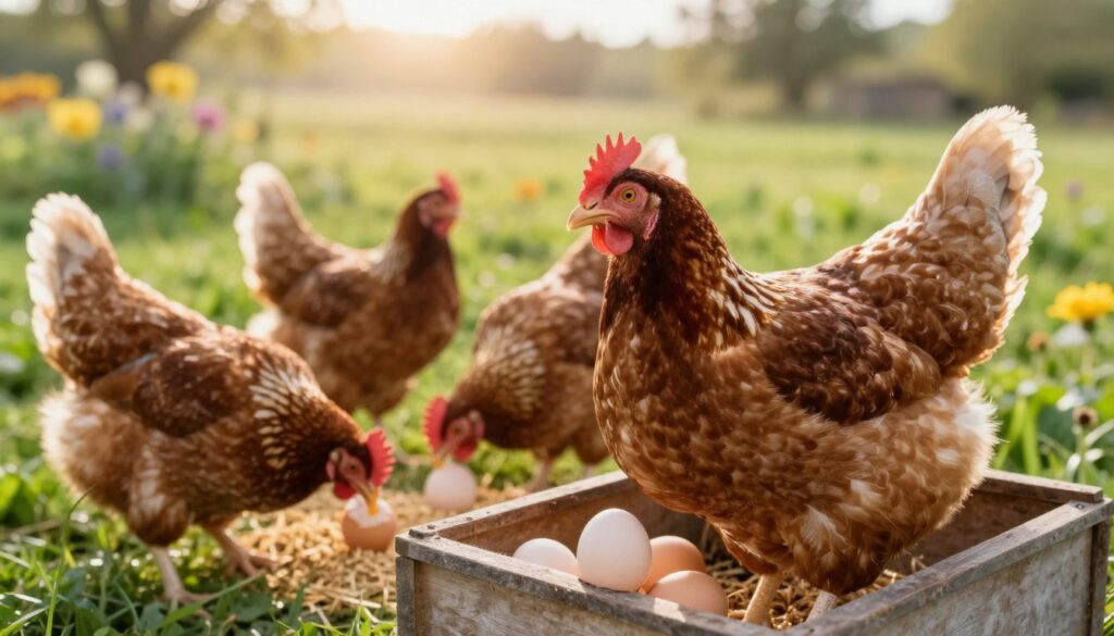 A picturesque farm setting featuring several vibrant, healthy hens in a coop, demonstrating their egg-laying behavior. In the foreground, focus on a hen perched on a nesting box, gently laying an egg with a look of concentration. The middle ground showcases a few other hens interacting, some pecking at feed and others wandering about. The background reveals a sunny field with lush green grass and blooming flowers, conveying a serene and productive atmosphere. Soft, golden morning light filters through, casting warm shadows and enhancing the feel of tranquility in the henhouse. The image should evoke a sense of care and attention to animal welfare, reflecting the life cycle of laying hens. A picturesque farm setting featuring several vibrant, healthy hens in a coop, demonstrating their egg-laying behavior. In the foreground, focus on a hen perched on a nesting box, gently laying an egg with a look of concentration. The middle ground showcases a few other hens interacting, some pecking at feed and others wandering about. The background reveals a sunny field with lush green grass and blooming flowers, conveying a serene and productive atmosphere. Soft, golden morning light filters through, casting warm shadows and enhancing the feel of tranquility in the henhouse. The image should evoke a sense of care and attention to animal welfare, reflecting the life cycle of laying hens.
