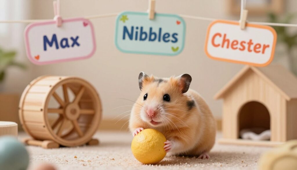 A playful and charming scene featuring a male hamster, surrounded by a selection of name ideas creatively displayed. In the foreground, the hamster has soft golden fur and sparkling eyes, captured in a lively pose, maybe peeking out from a little house or ball. In the middle, colorful name tags hang around the habitat, showcasing names like "Max," "Nibbles," and "Chester," vibrantly illustrated to reflect their character. The background is a cozy pet environment, with a small wheel, tunnels, and soft bedding, warmly lit by gentle soft lighting that enhances the inviting atmosphere. The overall mood is cheerful and inviting, perfect for pet enthusiasts seeking inspiration for their furry companion's name.