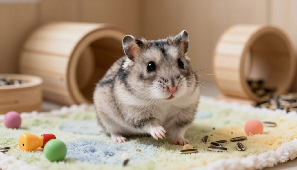 A playful and curious Dzungarian hamster (chomik dżungarski) sitting on a soft, colorful blanket adorned with small toys and treats. The hamster, with its fluffy fur in shades of gray and white, is captured in exquisite detail, showcasing its tiny paws and bright eyes filled with curiosity. In the background, a cozy habitat with wooden tunnels, a small wheel, and scattered sunflower seeds creates a nurturing environment. The lighting is warm and soft, giving the scene a gentle, inviting atmosphere. The angle is slightly above eye level, focusing on the hamster’s engaging expression and the playful setting, evoking a sense of warmth and companionship, ideal for understanding and training this adorable pet. A playful and curious Dzungarian hamster (chomik dżungarski) sitting on a soft, colorful blanket adorned with small toys and treats. The hamster, with its fluffy fur in shades of gray and white, is captured in exquisite detail, showcasing its tiny paws and bright eyes filled with curiosity. In the background, a cozy habitat with wooden tunnels, a small wheel, and scattered sunflower seeds creates a nurturing environment. The lighting is warm and soft, giving the scene a gentle, inviting atmosphere. The angle is slightly above eye level, focusing on the hamster’s engaging expression and the playful setting, evoking a sense of warmth and companionship, ideal for understanding and training this adorable pet.