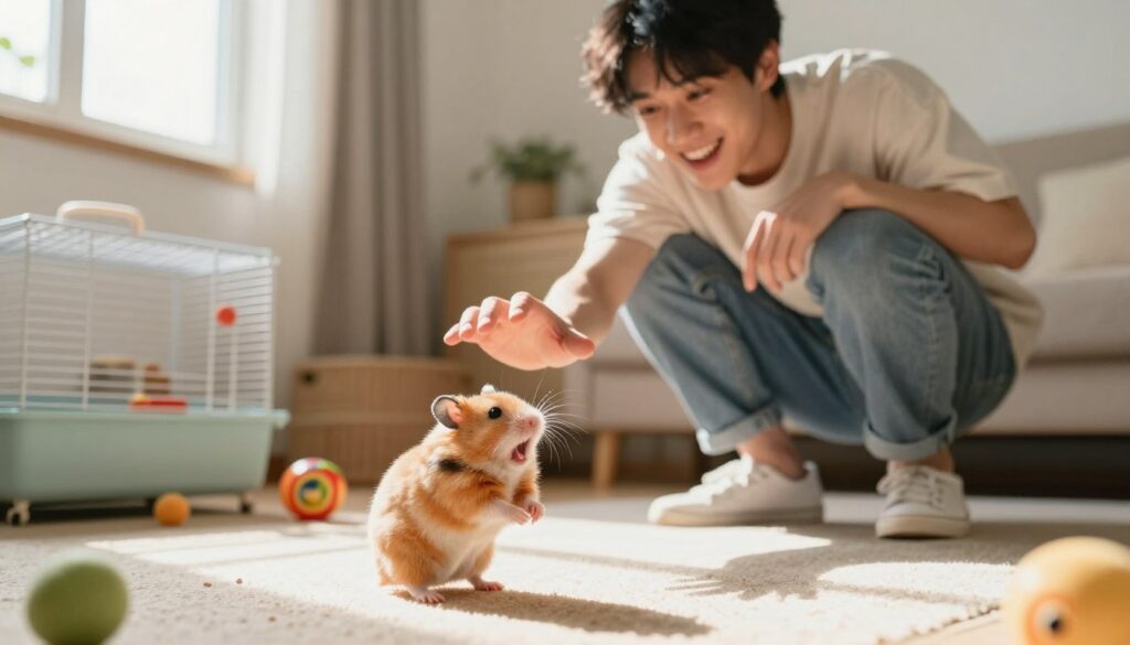A playful hamster joyfully interacting with its owner in a cozy room setting. The foreground features the hamster standing on its hind legs, squeaking in excitement, with its tiny paws raised. The middle layer showcases the owner, a young adult in comfortable casual clothing, crouching down with a delighted smile, extending a hand towards the hamster. The background reveals a well-lit room filled with colorful hamster toys, a small cage, and soft cushions, creating a warm and inviting atmosphere. Sunlight streams in through a nearby window, casting soft shadows and highlighting the joyful expressions of both the hamster and the owner. The scene conveys a mood of happiness, connection, and playful enthusiasm, capturing the essence of a special bonding moment.