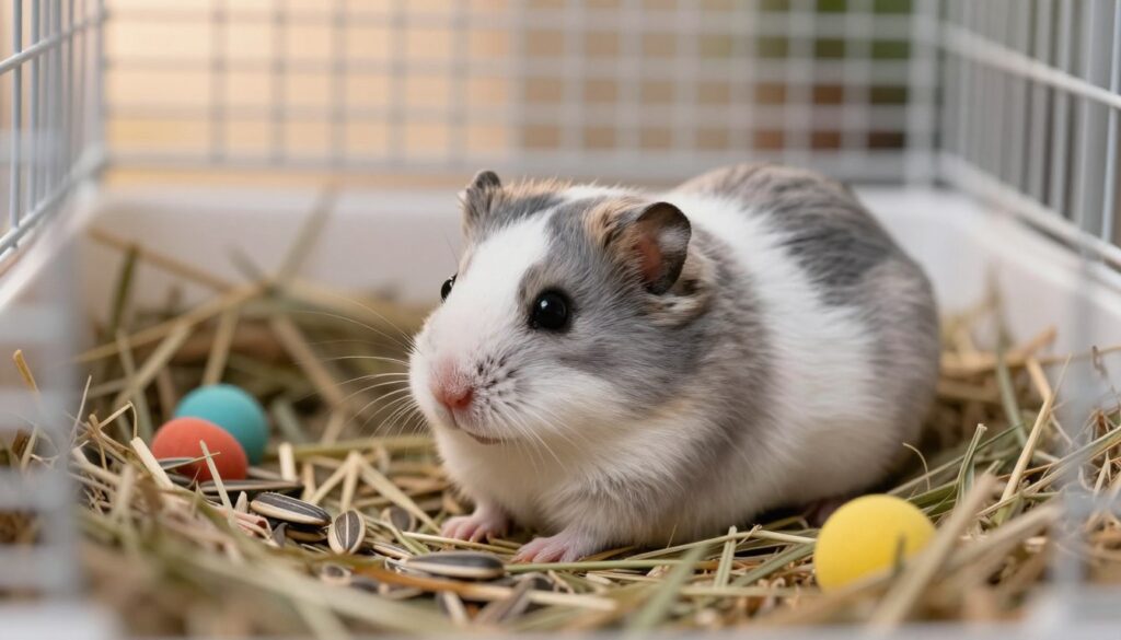 A pregnant Dzungarian hamster nestles in a cozy, natural setting, showcasing her rounded belly to highlight her pregnancy. The foreground focuses on the hamster, with soft fur in shades of grey and white, positioned within a small, fluffy bedding of hay and soft grass. In the middle ground, a few scattered sunflower seeds and tiny, colorful toys add charm to her environment. The background features a blurred depiction of a cage with gentle, warm lighting creating a soft, nurturing atmosphere. The depth of field is shallow, emphasizing the hamster while softly blurring the cage details. The overall mood is serene and tender, capturing the essence of anticipation and care in this moment of hamster pregnancy. A pregnant Dzungarian hamster nestles in a cozy, natural setting, showcasing her rounded belly to highlight her pregnancy. The foreground focuses on the hamster, with soft fur in shades of grey and white, positioned within a small, fluffy bedding of hay and soft grass. In the middle ground, a few scattered sunflower seeds and tiny, colorful toys add charm to her environment. The background features a blurred depiction of a cage with gentle, warm lighting creating a soft, nurturing atmosphere. The depth of field is shallow, emphasizing the hamster while softly blurring the cage details. The overall mood is serene and tender, capturing the essence of anticipation and care in this moment of hamster pregnancy.