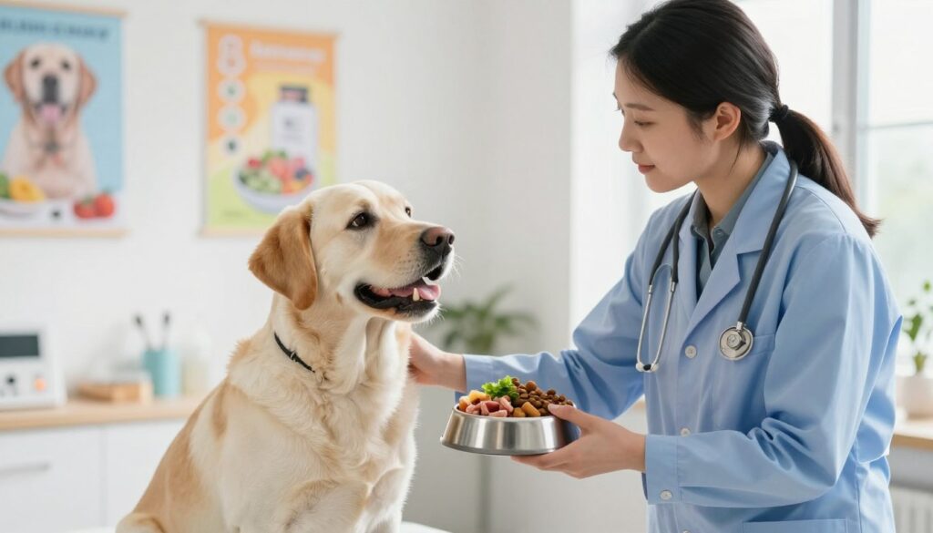 A professional veterinarian in a bright, well-lit clinic, carefully examining a healthy dog with a shiny coat. The veterinarian, dressed in a blue lab coat, is holding a bowl filled with various safe dog foods, including vegetables and lean meats. In the background, colorful posters on the wall depict a balanced diet for dogs, highlighting nutrients beneficial for their health. Soft, natural light streams through a window, creating a warm and inviting atmosphere. The dog, a friendly Labrador, is sitting patiently, looking up at the veterinarian with curiosity and trust. The focus is on the interaction between the vet and the dog, evoking a sense of care and professionalism in pet health and nutrition.