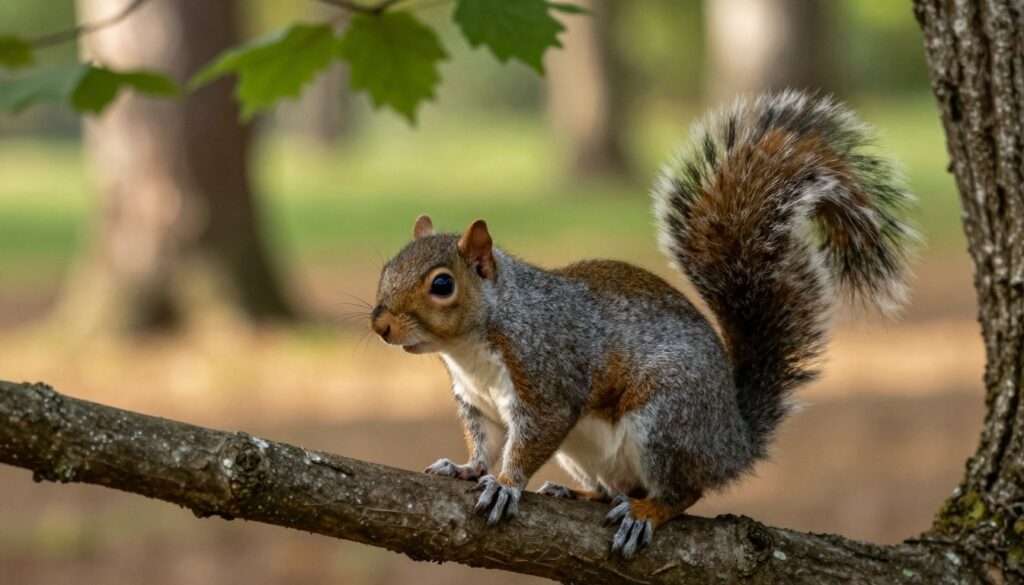 A realistic and detailed depiction of a grey squirrel (Sciurus carolinensis) in a serene forest setting. The foreground features a lively grey squirrel perched on a tree branch, its bushy tail elegantly arched behind it. The fur of the squirrel is vibrant and textured, showcasing shades of grey and hints of brown. In the middle ground, gently blurred tree trunks with lush green leaves provide context, while the dappled sunlight filters through, casting a warm glow over the scene. The background reveals a soft focus of additional greenery and distant trees, enhancing the natural habitat. The overall atmosphere is peaceful and warm, inviting a sense of curiosity about the squirrel’s life. Use a shallow depth of field to highlight the squirrel as the main subject, capturing the essence of wildlife in its natural habitat.