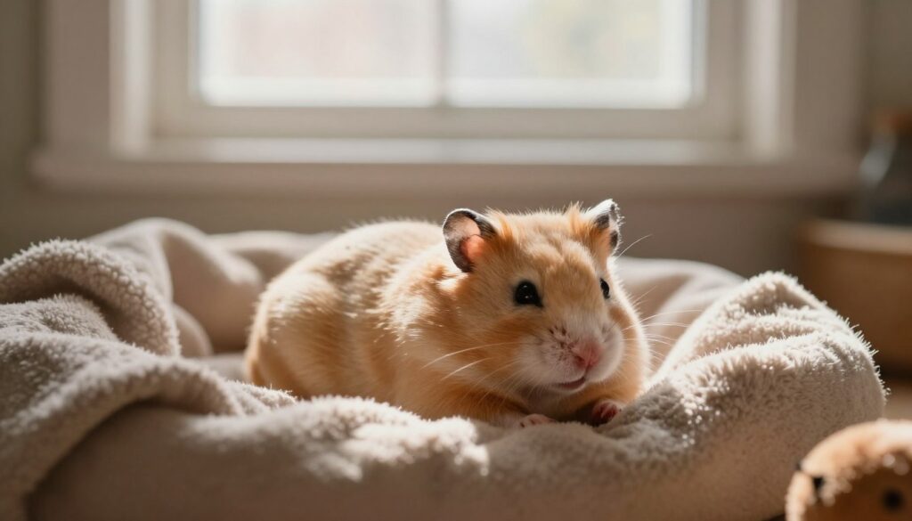A serene and gentle scene featuring a calm and elderly hamster lying comfortably in a small, cozy bed nestled within a softly lit corner of a room. The foreground focuses on the hamster, its fur slightly ruffled and eyes half-closed, radiating a sense of peace. Surrounding it in the middle layer are plush blankets and a few gentle toys, hinting at a loving environment. In the background, soft, warm light filters through a nearby window, casting a comforting glow and creating a tranquil atmosphere. Soft shadows play across the room, enhancing the feeling of safety and care. The overall mood is tender and compassionate, illustrating a moment of quiet companionship and support during a difficult time. The image should be heartwarming and evoke empathy without any distracting elements. A serene and gentle scene featuring a calm and elderly hamster lying comfortably in a small, cozy bed nestled within a softly lit corner of a room. The foreground focuses on the hamster, its fur slightly ruffled and eyes half-closed, radiating a sense of peace. Surrounding it in the middle layer are plush blankets and a few gentle toys, hinting at a loving environment. In the background, soft, warm light filters through a nearby window, casting a comforting glow and creating a tranquil atmosphere. Soft shadows play across the room, enhancing the feeling of safety and care. The overall mood is tender and compassionate, illustrating a moment of quiet companionship and support during a difficult time. The image should be heartwarming and evoke empathy without any distracting elements.