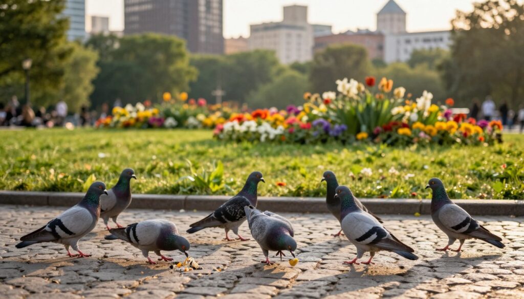A serene city park scene featuring a group of urban pigeons (gołębie) in the foreground, pecking at crumbs on a cobblestone path. The middle layer showcases a lush green lawn dotted with clusters of colorful flowers, symbolizing a vibrant yet challenging habitat. In the background, tall buildings and trees blend into a soft urban skyline under a warm, golden-hour sunlight, casting gentle shadows. The image captures an atmosphere of tranquility amidst the bustling city life, emphasizing the contrast between the pigeons' natural behavior and their urban environment. Use a shallow depth of field to bring the pigeons into sharp focus while softly blurring the background. Aim for a realistic style with rich textures and warm lighting to evoke a sense of calmness and reflection.