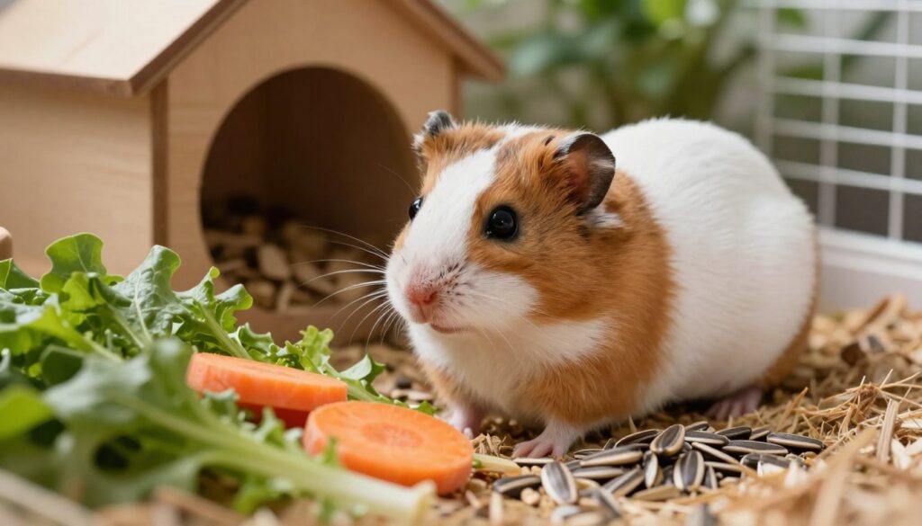 A serene close-up of a pregnant hamster in a cozy, natural habitat. The foreground captures the hamster nestled in soft bedding material, surrounded by fresh, nutritious foods like leafy greens, carrot slices, and sunflower seeds, illustrating a balanced diet. In the middle ground, glimpses of a well-kept cage with natural wood accents and gentle lighting create a warm ambient atmosphere. The background features subtle greenery, emphasizing a healthy environment. The lighting is soft and diffused, suggesting an inviting and tranquil scene, perfect for conveying the theme of nurturing and care for the mother hamster and her future young. The overall mood is calm and supportive, highlighting the importance of proper nutrition during pregnancy.